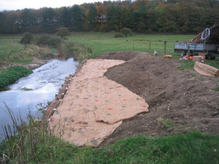 Recently created low berm (protected with hessian geotextile) alongside an itroduced gravel riffle